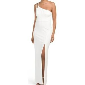 XSCAPE SZ 6 S white one shoulder embellished maxi formal party dress NWT B93